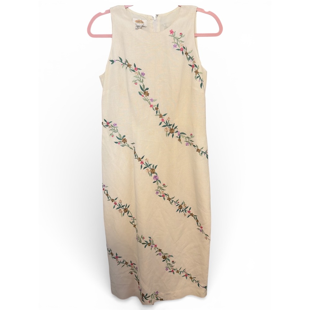 Talbots Petites Cream Linen Blend Floral Embroidered Sheath Midi Dress Size 4P